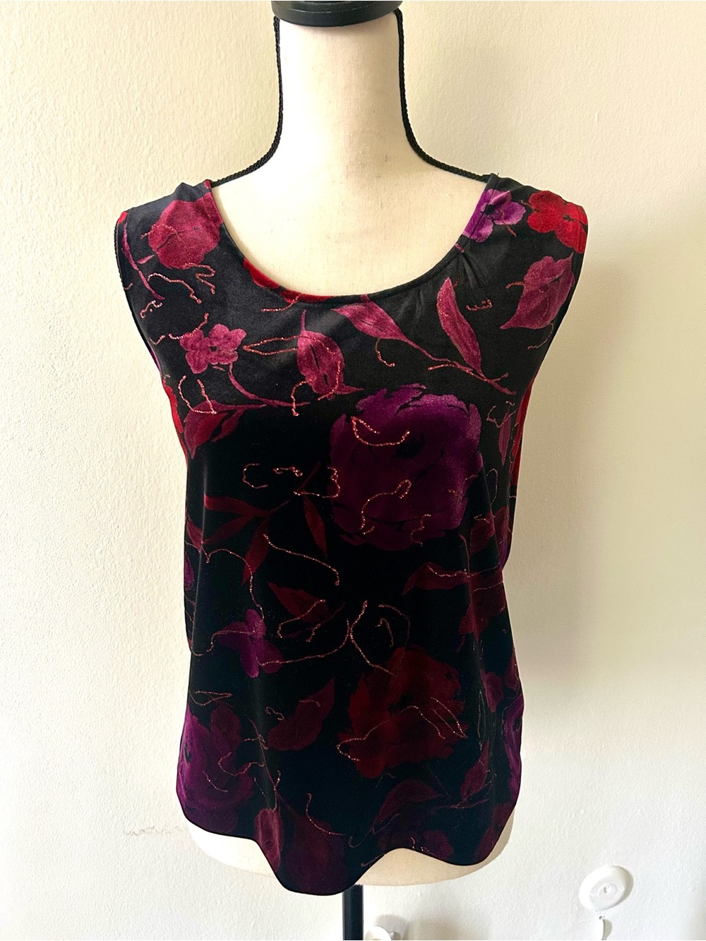 Vintage 90s Floral Velvet Burnout Tank Top Y2K Whimsigoth Gothic Sleeveless - Picture 5 of 7